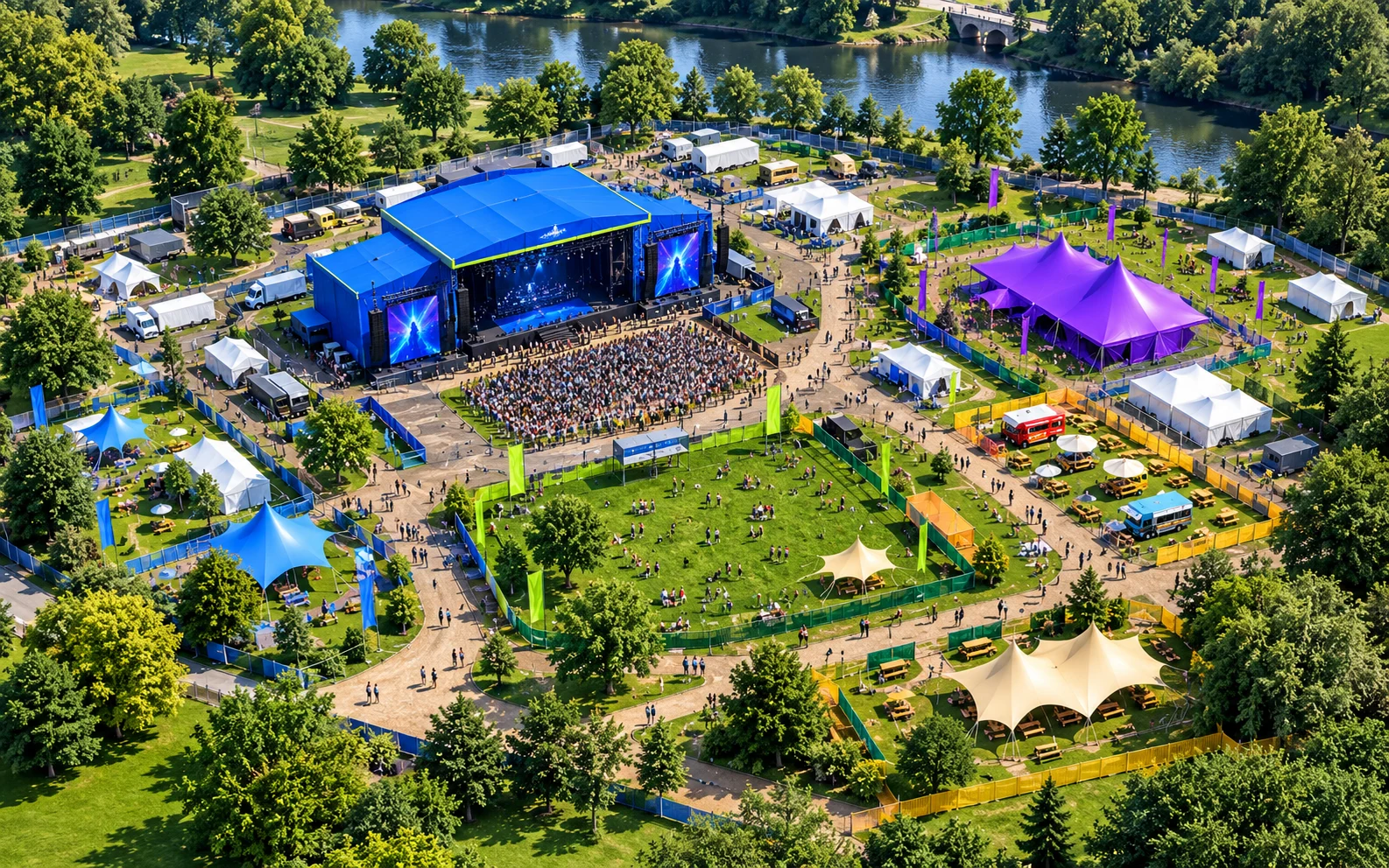 Illustrative festival site plan with a blue stage, marquees, fences and mapped event areas